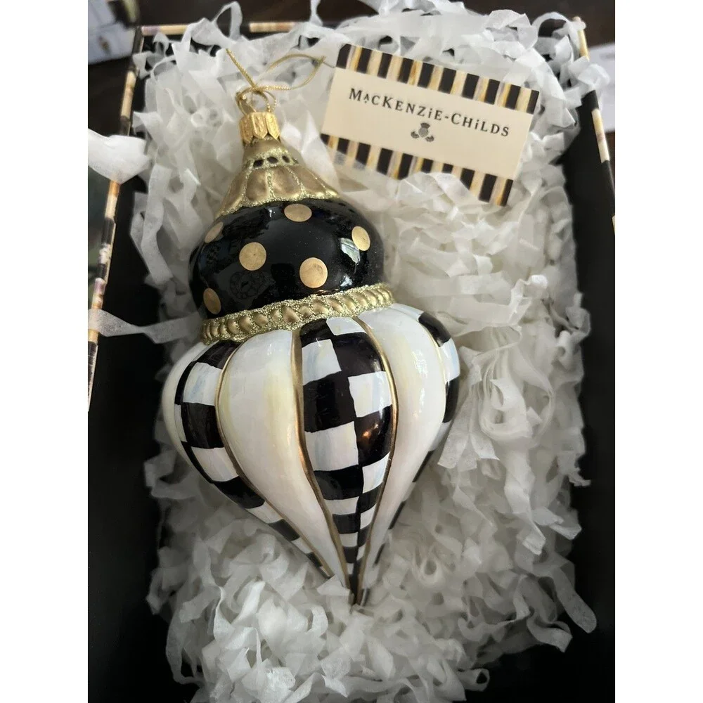 Mackenzie Childs Courtly Noel Fluted Drop Glass Ornament New in Box